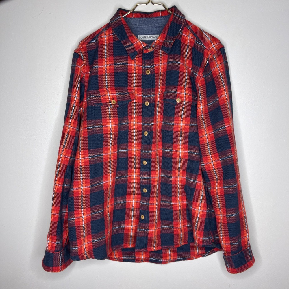 Outerknown Red and Navy Plaid Button-Down Shirt